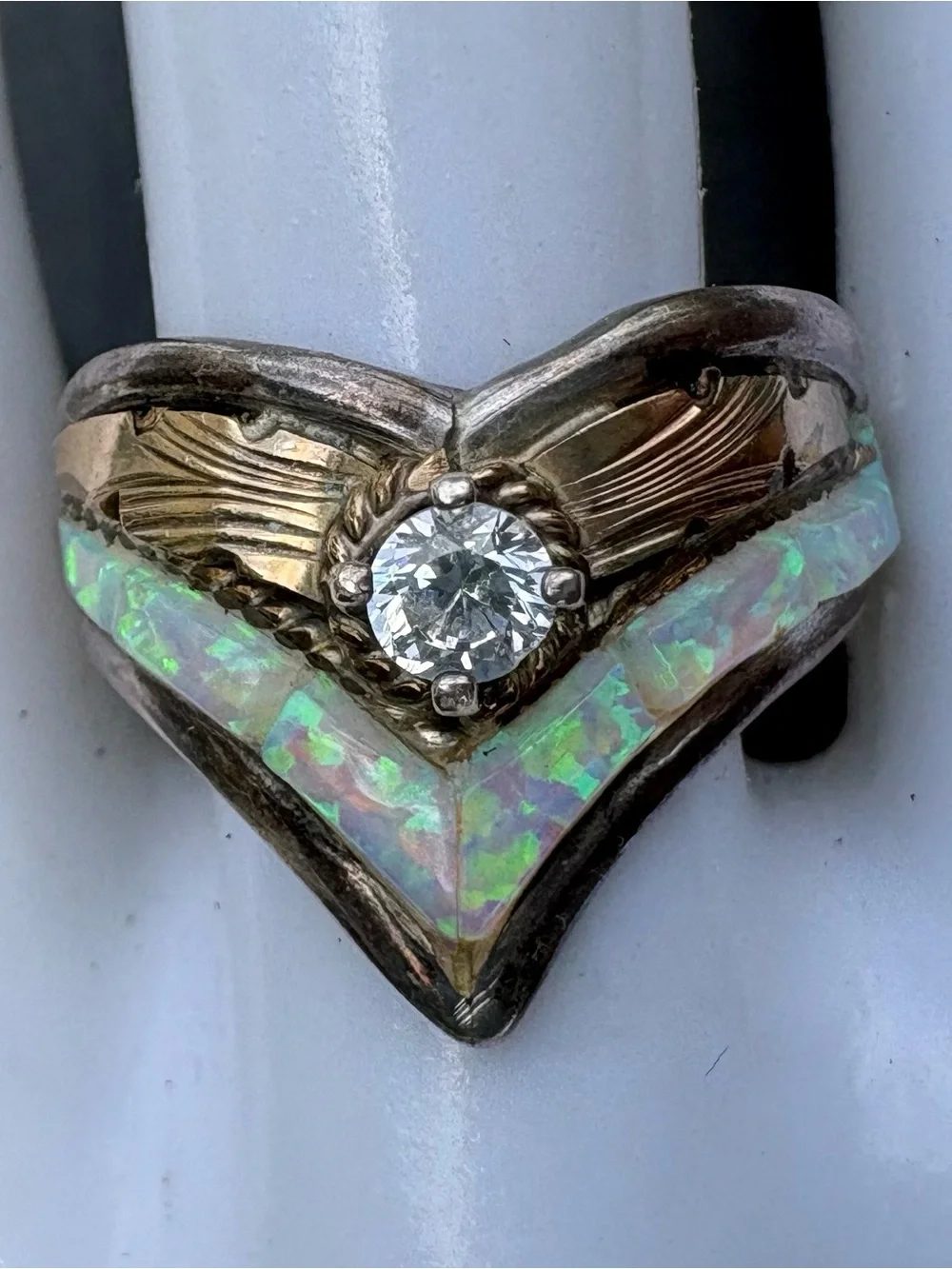 Vintage S. Ray Sterling Silver Ring with Opal and Clear Stone - Size 8.5